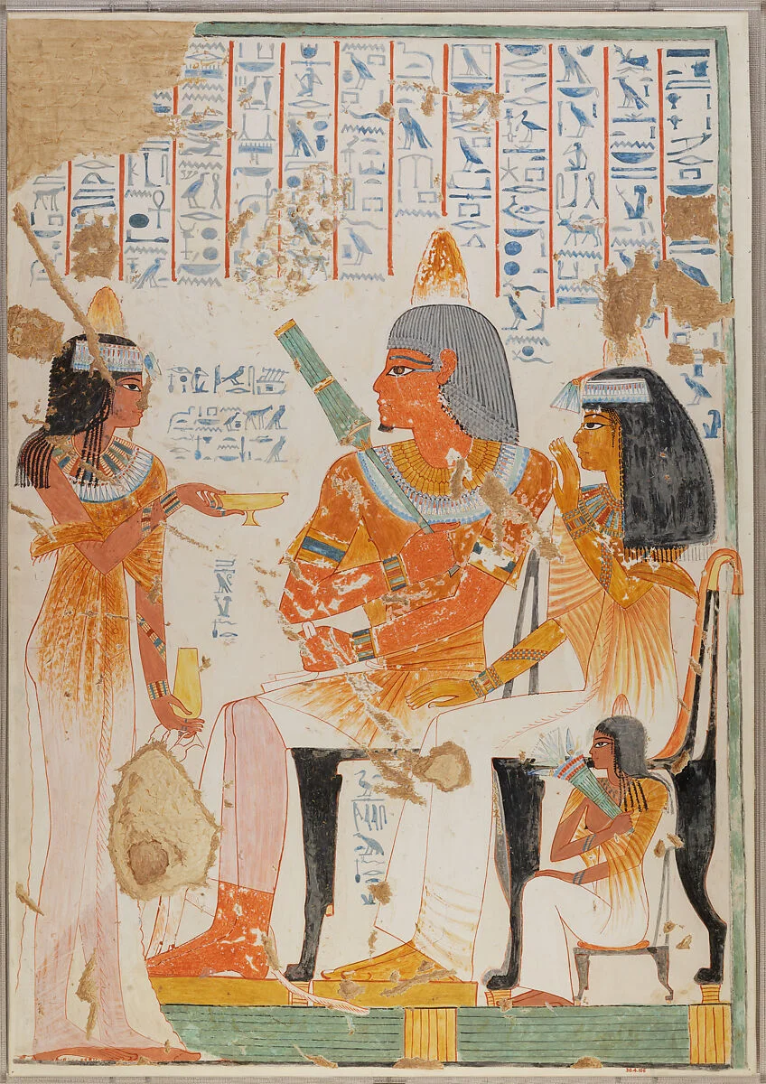 Fac-similé de Nina de Garis Davies montrant une femme offrant du vin au sculpteur Nebamun assis.