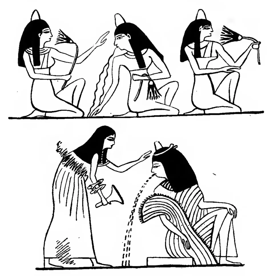 Deux dessins historiques montrant des femmes vomissant lors d’un banquet égyptien, l’une parmi des compagnes assises et l’autre soutenue par une servante.